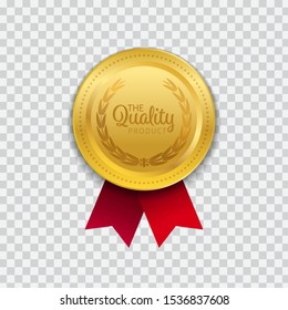 Realistic vector design of golden badge with red ribbon.