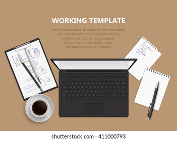 Realistic vector design illustration of modern business office and workspace. Top view of desk background. Workspace illustration.