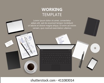 Realistic vector design illustration of modern business office. Working template. Top view of desk background. Office tamplate illustration.