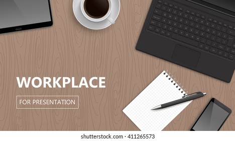 Realistic vector design illustration of modern business office and workplace. Top view of desk background. Workplace illustration.