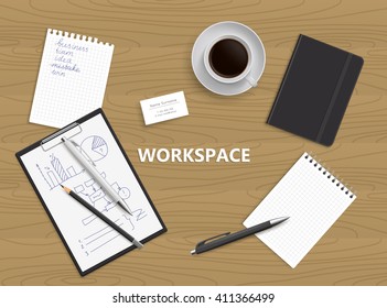 Realistic vector design illustration of modern business office and workspace. Top view of desk background. 