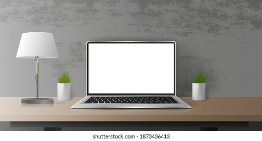 Realistic vector design laptop with white screen on the table. Wooden table, lamp, gray concrete wall.
