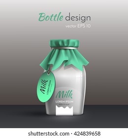 Realistic vector design of milk bottle, bottle template. A wide glass bottle, with logo, with tag