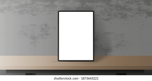 Realistische Vektordesign-Tablet mit weißem Bildschirm auf dem Tisch. Holztisch, grauer Beton.