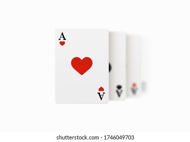 Realistic vector design of winning hand four ace. Playing poker. Set of four of a kind aces playing cards. Combination in poker consisting of four cards of the same value kicker.