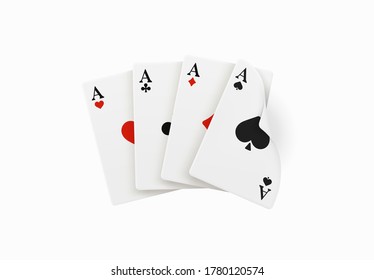 Realistic vector design of winning hand four ace. Playing poker. Set of four of a kind aces playing cards. Combination in poker consisting of four cards of the same value kicker.