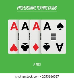 Realistic vector design of winning hand four ace. Playing poker. Set of four of a kind aces playing cards. Combination in poker consisting of four cards of the same value kicker.