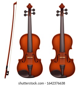 Realistic vector detailed brown violin with fiddlestick isolated on a white background. Classical stringed musical instrument with wooden texture. Layout design for banners and presentations