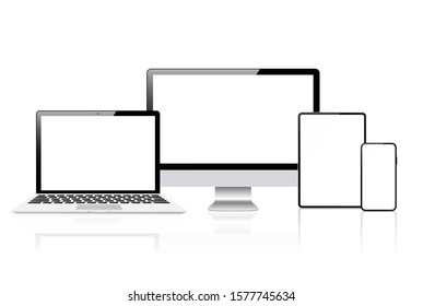 Vector realista. Conjunto de dispositivos: monitor portátil, tablet y plantilla de teléfono