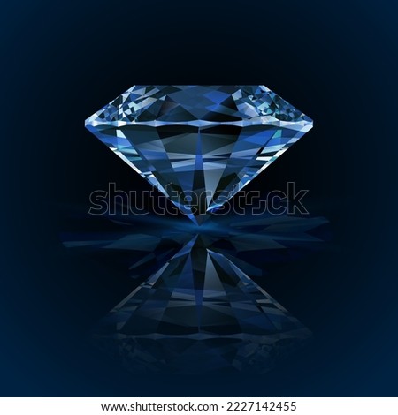 Realistic vector diamond  on dark background. Illustration of a blue crystal gemstone with refection 