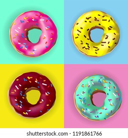 Realistic vector Donuts in different glazes on pop art style poster. Vector donuts with sprinkles, glaze. Set of 4 realstic delicious sweet pink, chocolate, yellow, azure donuts with colorful toppings