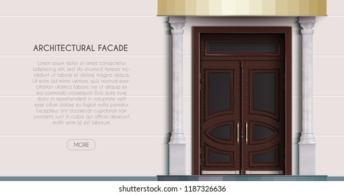 Realistic vector door. Architecture façade. Front door background. can be used for Christmas background. Vector illustration