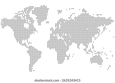 Vetor realista Mapa de mundo pontilhado usando círculos com espaçamento uniforme para criar uma visão global. A aparência minimalista pontilhada do mapa-múndi suporta apresentações e necessidades geográficas criativas.