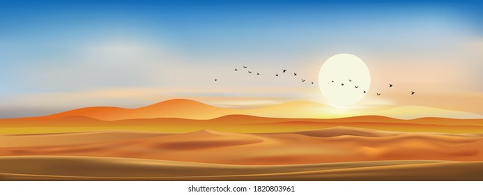 Realistic Vector Dramatic desert landscape in evening with sunset, sky line in blue pink and yellow.Template design for product or advertising, travel or nature display backdrop and banner background
