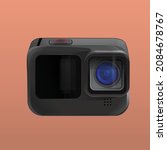 Realistic vector drawing of black action camera on Calming Coral color background