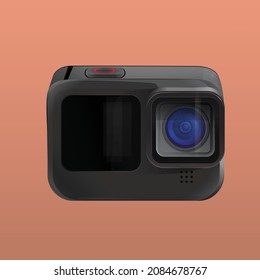 Realistic vector drawing of black action camera on Calming Coral color background