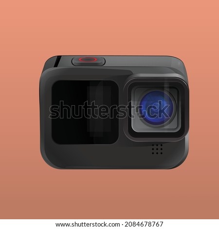 Realistic vector drawing of black action camera on Calming Coral color background