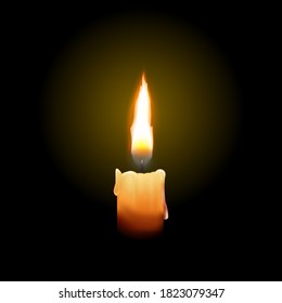 Realistic vector drawing of a brightly burning candle on a black background