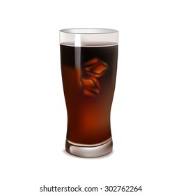 Realistic vector drawing. Cola glass with two ice cubes.