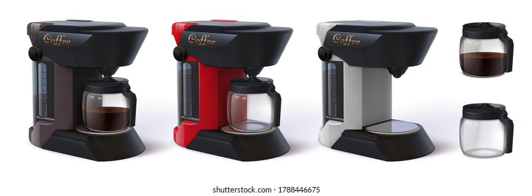 Realistic vector drip Coffee makers with glass 3D,original design flask for a percolator machine, set Isolated on white background 