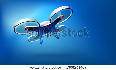 Realistic vector drone with a camera on a blue background.