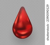 Realistic vector drop of blood, red paint or wine isolated on transparent background. Illustration of 3d glossy blood droplet for World Blood Donor Day