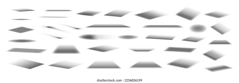 Realistic vector drop shadow from different angles, sizes and directions. Isolated eye shadow collection on white background. Overlay shadow effects. Vector set, perspective, isometric, front set.