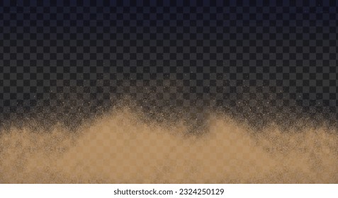 Realistic vector dust or sand. Cloud of dust. Dusty cloud or dry sand flying with a gust of wind, sandstorm. Brown vector realistic illustration on dark copy space background