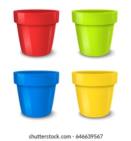 Realistic Vector Empty Flower Pot Set, Bright Colors - Red, Green, Blue And Yellow . Closeup Isolated On White Background. Design Template For Branding, Mockup. EPS10.