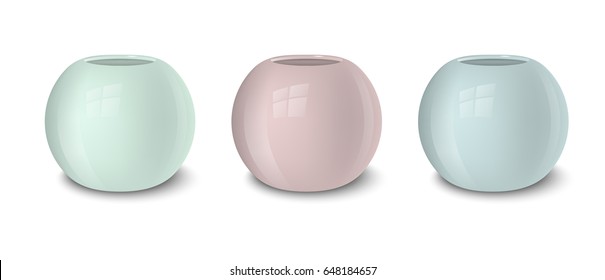 Realistic vector empty flower pot set, pastel colors - pink, green and blue. Closeup isolated on white background. Design template for branding, mockup. EPS10.