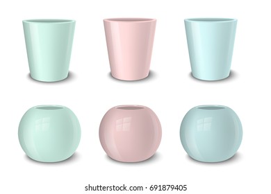 Realistic vector empty flower pot set, pastel colors - pink, green and blue. Closeup isolated on white background. Design template for branding, mockup. EPS10.