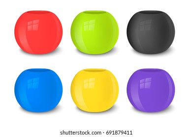 Realistic vector empty flower pot set, bright colors - red, green, blue and yellow . Closeup isolated on white background. Design template for branding, mockup. EPS10.