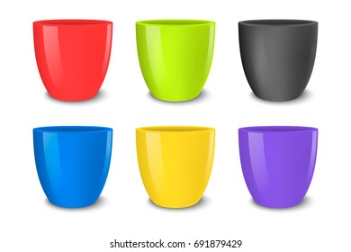Realistic vector empty flower pot set, bright colors - red, green, blue and yellow . Closeup isolated on white background. Design template for branding, mockup. EPS10.