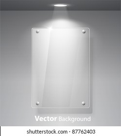 Realistic vector empty glass frame on a wall with lights for images and advertisement. Fully editable eps10