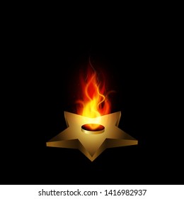 Realistic vector Eternal fire for Memorial Day poster, banner, illustration of flame burning out of star on black background. Element for Victory day, may 9, Russian memorial, patriotic holiday