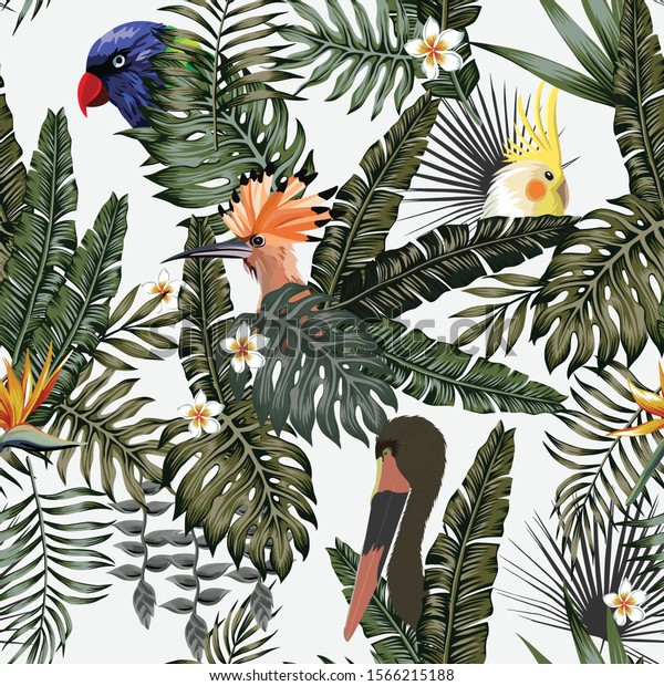 白い背景に熱帯のジャングルにある リアルなベクターエキゾチックな鳥のオウム フーポー コウノトリ 自分の環境にある野生の動物をシームレスにイラスト化 繰り返し柄の葉と花の壁紙 のベクター画像素材 ロイヤリティフリー
