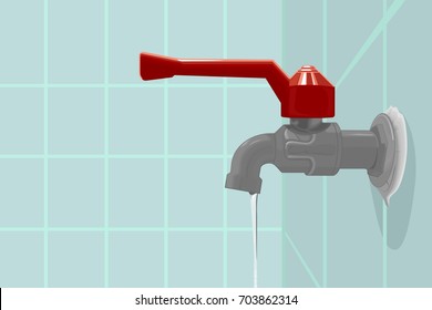 realistic vector of faucet on the blue wall with water flowing sluggishly