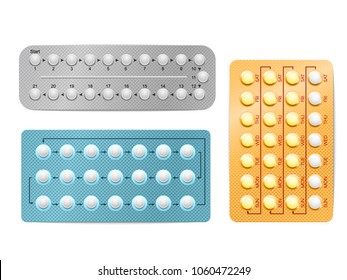 Realistic vector female oral contraceptive pills blister with clipping path on white background. Women contraceptive hormonal birth control pills. Planning pregnancy concept.