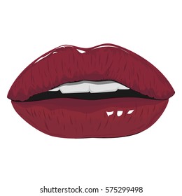 Realistic vector female red lips on a white background. 