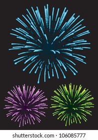 Realistic Vector fireworks blue, purple, green