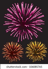 Realistic Vector fireworks pink, red and yellow