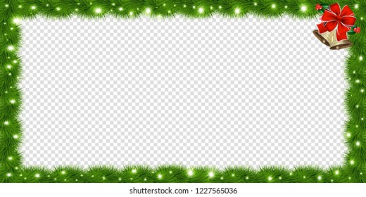 Realistic vector fir-tree rectangle border, frame with red bow and bells isolated on transparent background. Template with christmas tree branches and empty copy space for text. New year photo frame.