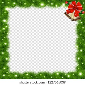 Realistic vector fir-tree square border, frame with red bow and bells isolated on transparent background. Template with christmas tree branches and empty copy space for text. New year photo frame.