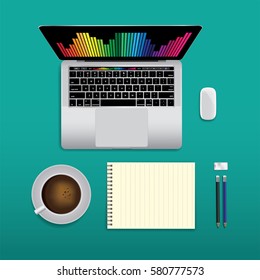 Realistic vector Flat design illustration work space,Top view of computer notebook,Table space layout