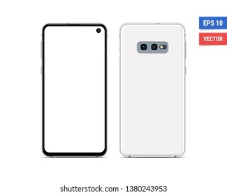 Realistic vector flat mock-up Samsung Galaxy S10e with blank screen isolated on white background. Scale image any resolution