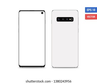 Realistic vector flat mock-up Samsung Galaxy S10 with blank screen isolated on white background. Scale image any resolution