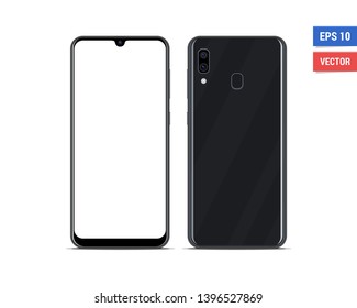 Realistic vector flat mock-up Samsung Galaxy A30 with blank screen isolated on white background. Scale image any resolution