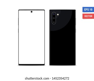 Realistic vector flat mock-up Samsung Galaxy Note10 with blank screen isolated on white background. Scale image any resolution