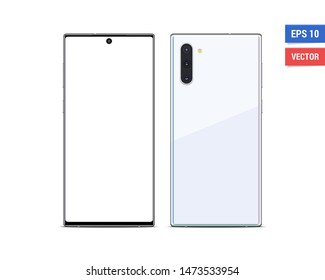 Realistic vector flat mock-up Samsung Galaxy Note10 with blank screen isolated on white background. Scale image any resolution