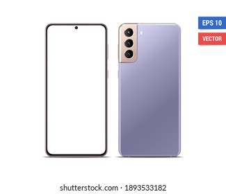 Realistic vector flat mock-up Samsung Galaxy S21 Plus with blank screen isolated on white background. Scale image any resolution